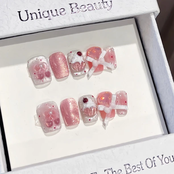 纯手工【樱桃奶昔】粉色猫眼可爱少女梦幻短款浮雕冰淇淋穿戴甲