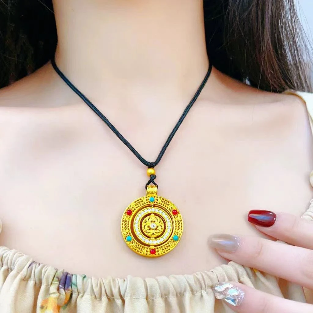 钛钢项链 镶锆旋转八宝罗盘项链