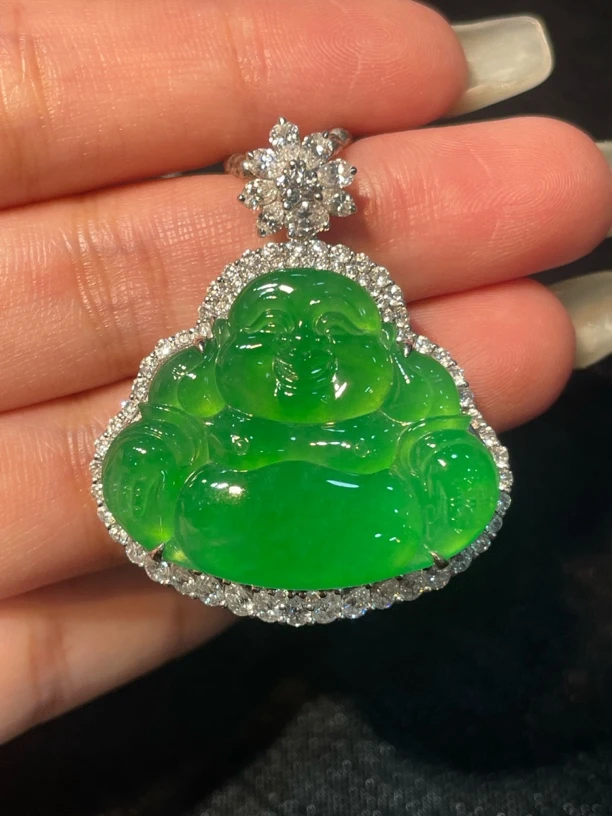 天然缅甸A货翡翠18K金伴钻豪华镶嵌鲜阳绿满色高冰起光佛公