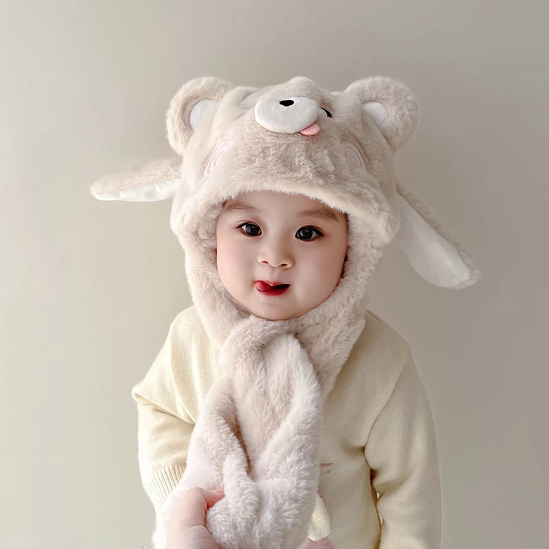 可爱儿童帽子围巾一体会动耳朵两件套男女宝宝冬季保暖加厚毛绒帽