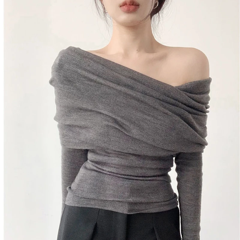纯欲风一字肩针织衫女春夏季高级感内搭打底毛衣洋气辣妹露肩上衣