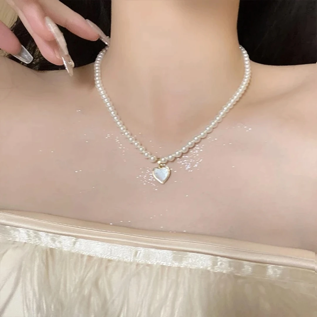 铜合金仿珍珠项链 【怦然心动】NK-139爱心石头白色仿珠项链法式