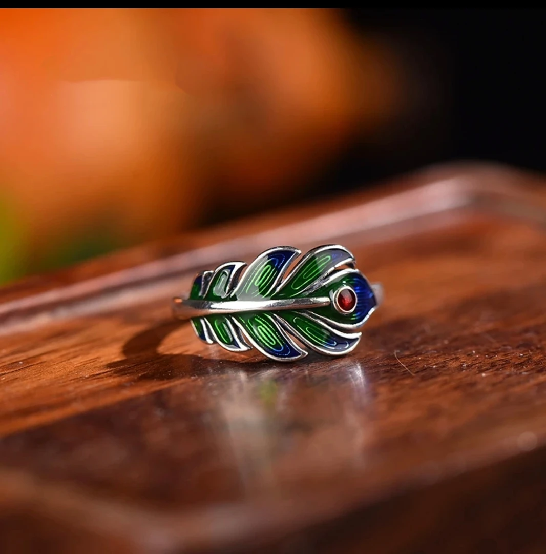 925银戒指 【玉宏银楼】s925银  时尚凤羽羽毛气质烧蓝开口银戒指