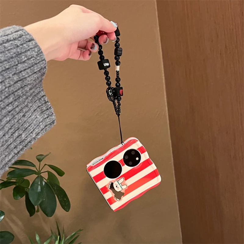 扭扭边红色竖纹小狗适用华为pocket 2折叠手机壳pockets创意手链