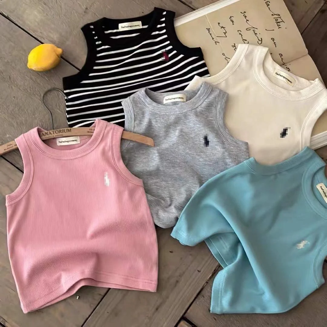 【刺绣】儿童背心2025夏新款男女童日系潮牌纯色无袖宝宝弹力条纹T