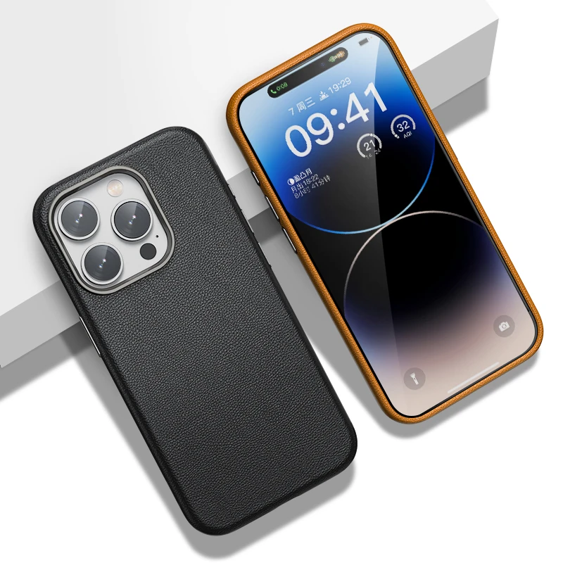 苹果15Promax高档素皮手机壳iPhone14Pro金属圈皮纹15p防摔保护套
