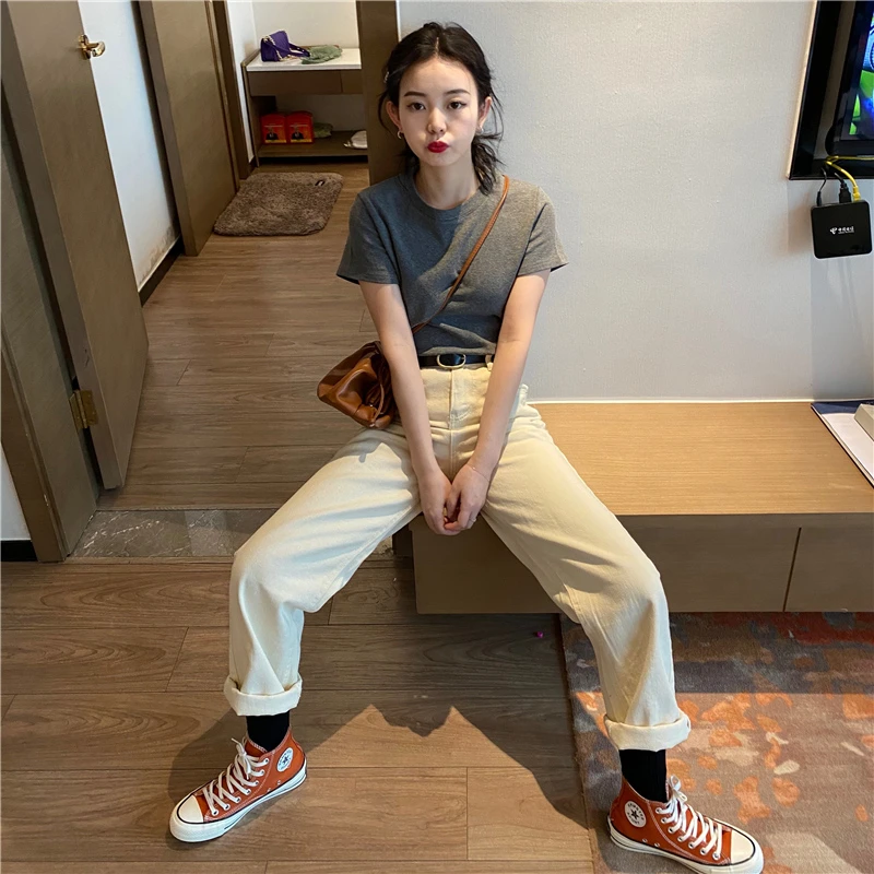 正肩t恤女显瘦灰色修身小个子上衣女体桖短袖衫短款圆领夏季棉质