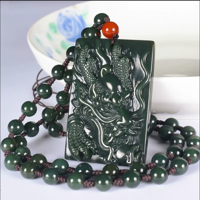 天然新疆和田玉青玉龙牌吊坠龙头玉石挂件生肖龙男女款玉佩项链
