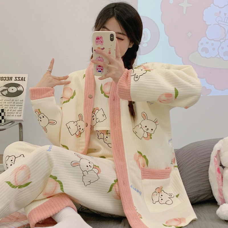 月子服孕妇产后冬季空气棉三件套长袖睡衣秋冬款哺乳期坐月子专用