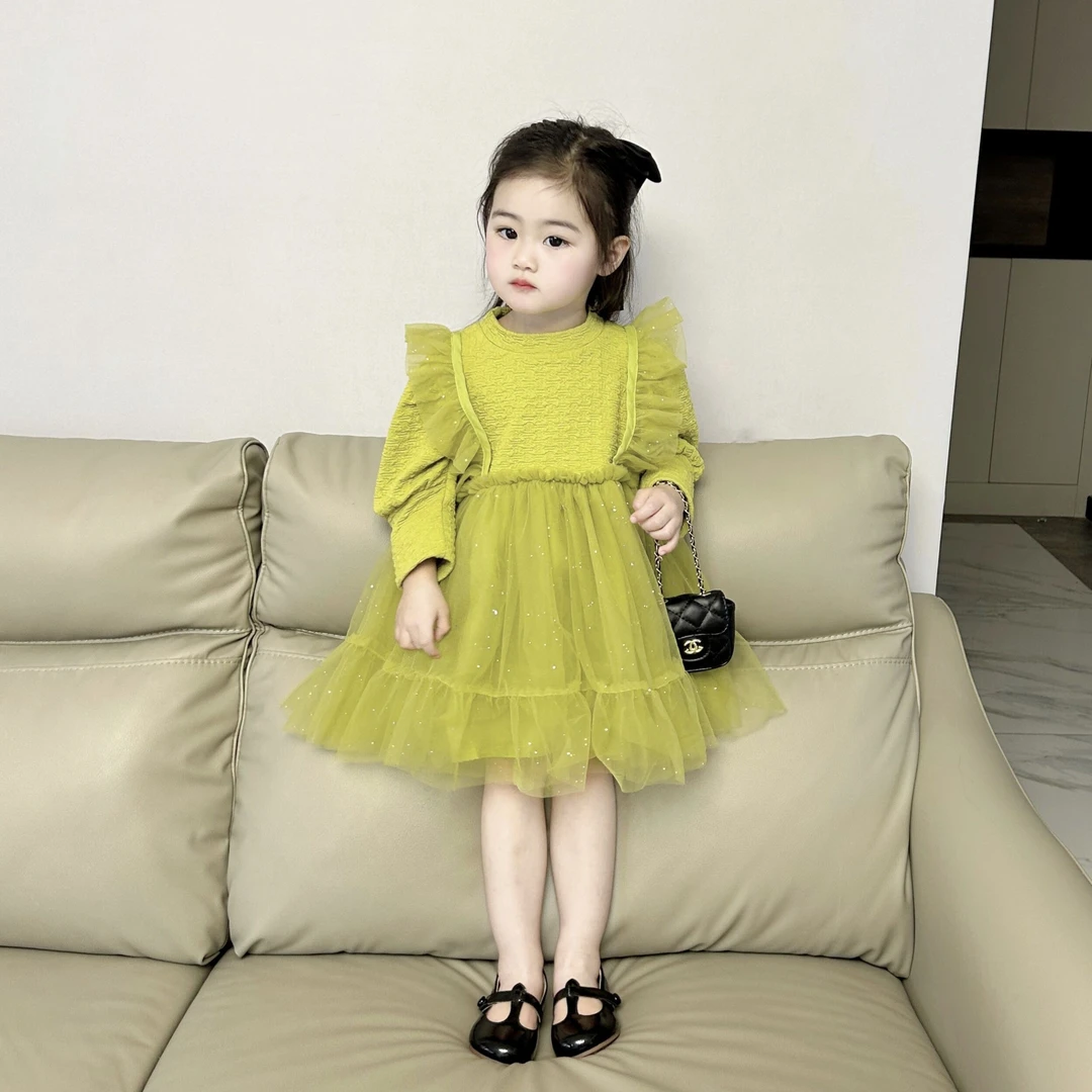 高品质童装新款春装1-5岁女童绿色连衣裙纱裙洋气女宝宝公主裙