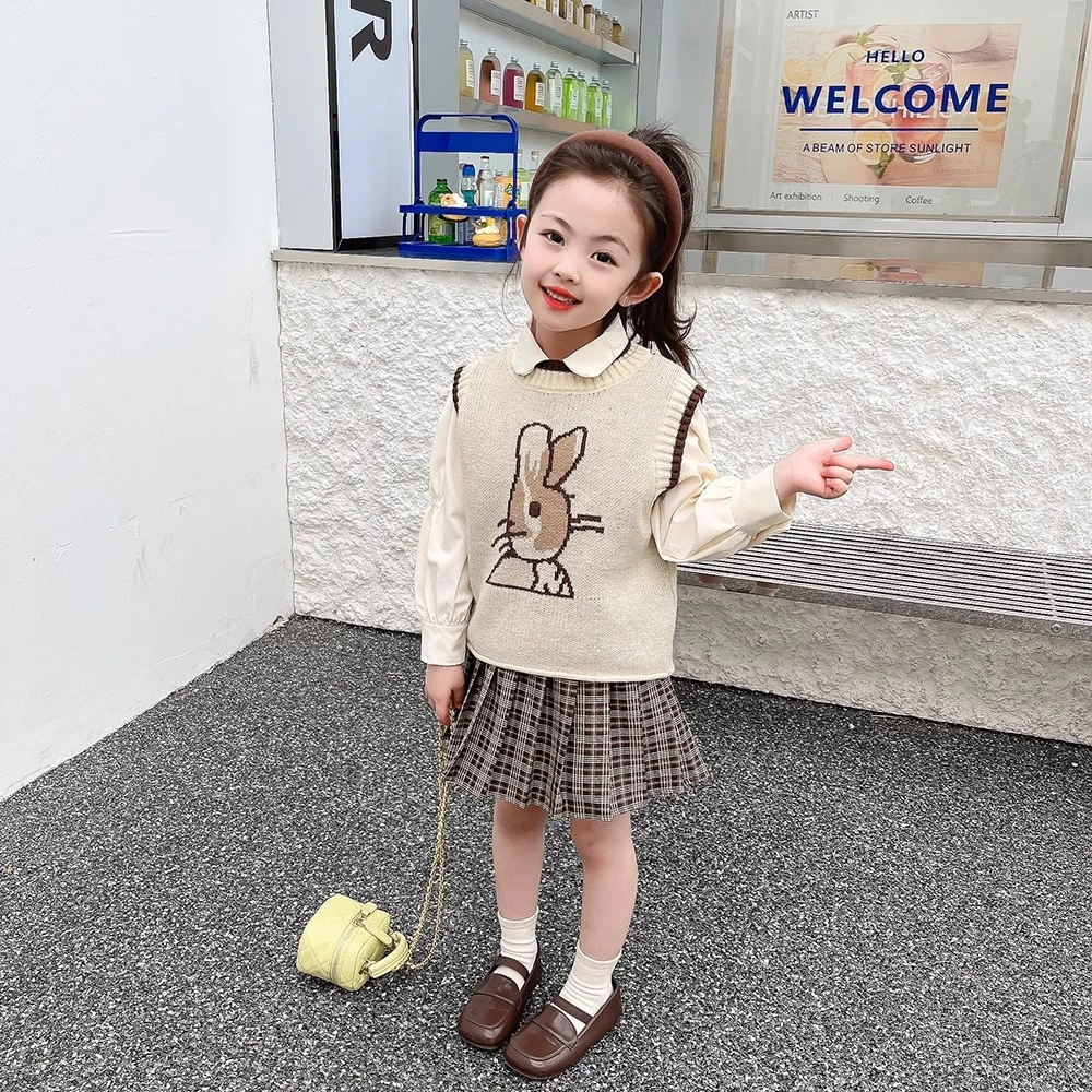 轻仓 女童春秋装休闲学院风套装洋气宝宝衬衫裙子3件套