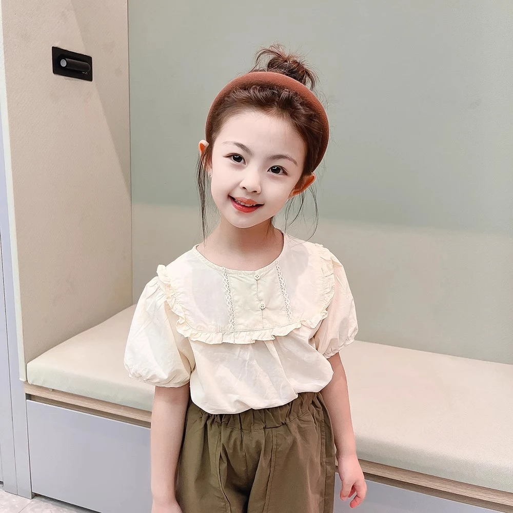 女童新款夏装女宝宝洋气短袖圆点衬衫娃娃领衬衣2-7岁童装夏
