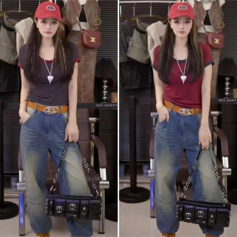 美式撞色圆领T恤简约短袖2024夏季新款修身显瘦弹力百搭上衣