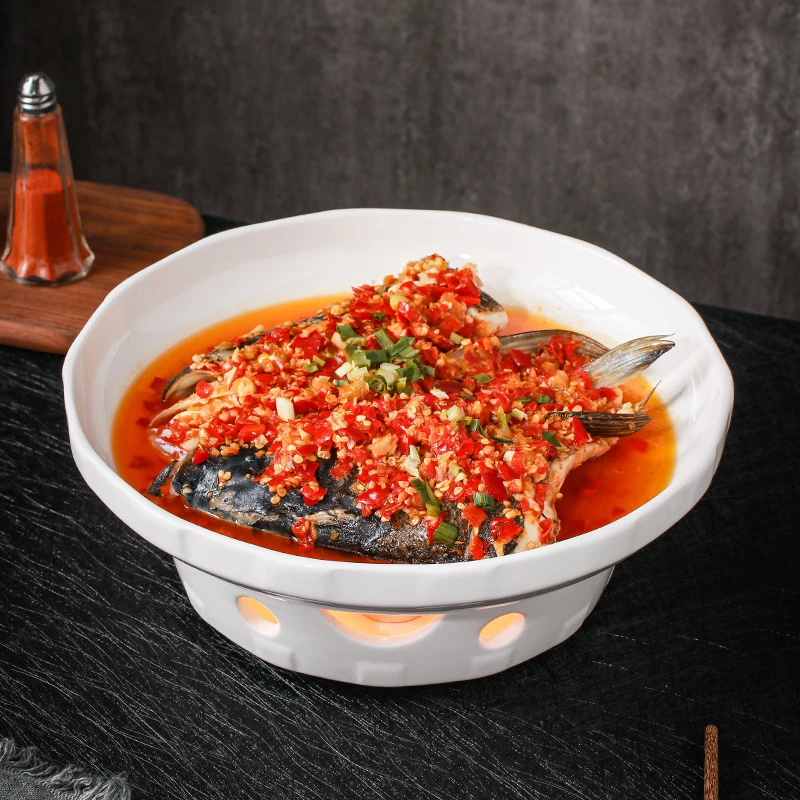 【高温白玉瓷】圆形竹节炉 剁椒鱼头专用盘子可加热菜盘蜡烛加热炉