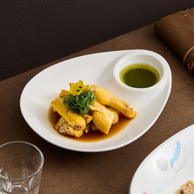 【高温白玉瓷】子母碗 饺子盘子带醋碟碗新款吃虾凉菜盘