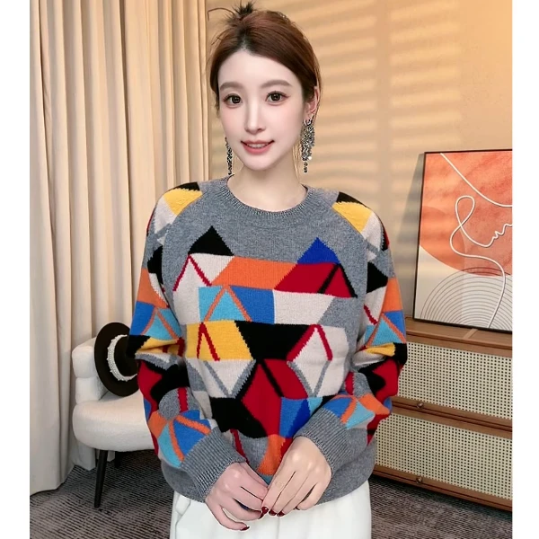 秋冬加厚100纯羊毛时尚复古洋气百搭宽松显瘦格子圆领长袖针织衫