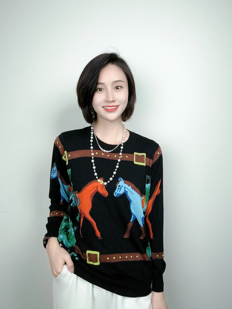 秋季新款时尚宽松长袖洋气复古百搭显瘦小众气质休闲印花套头