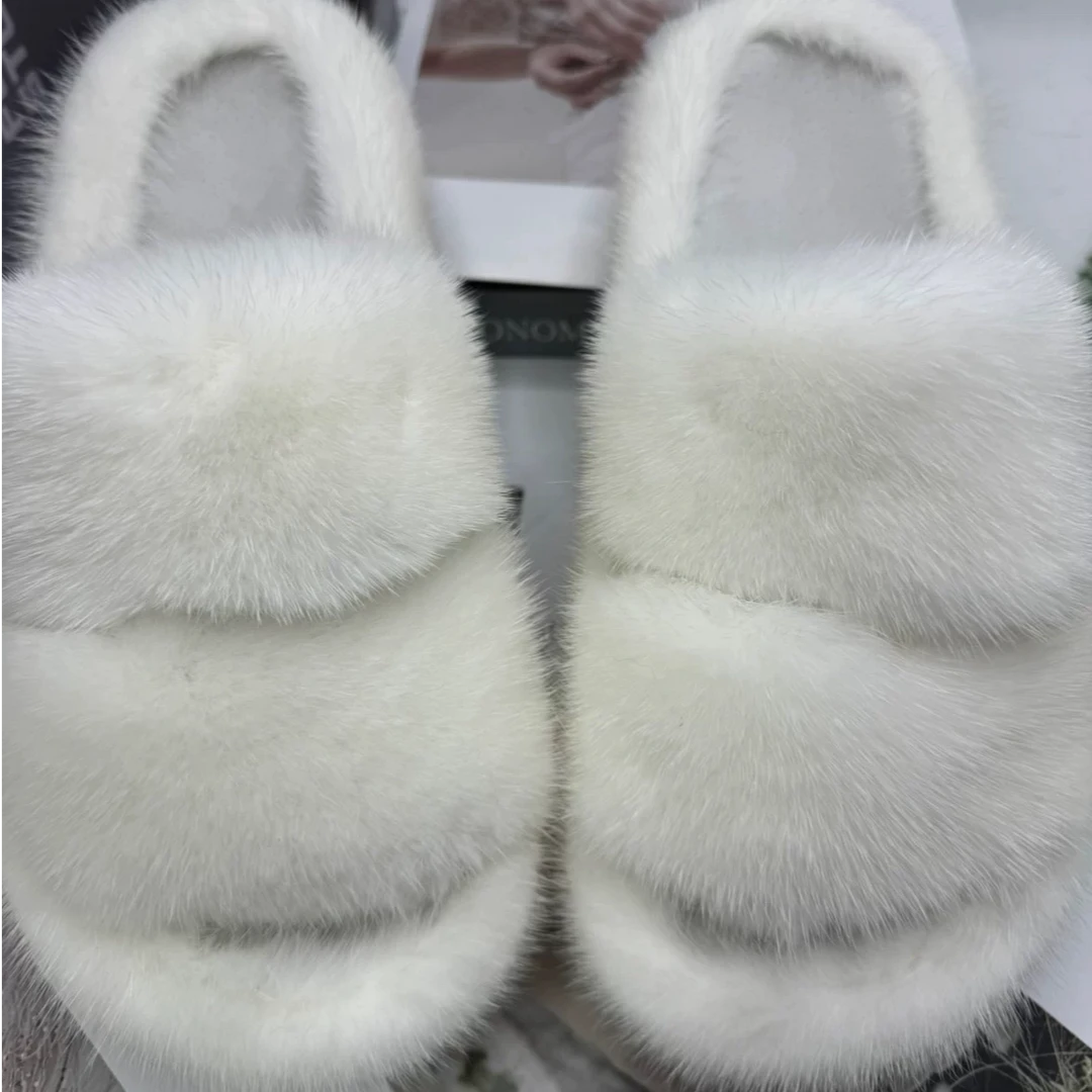 网红外穿韩版时尚潮流水貂毛白色2025年秋冬新款厚底毛毛拖鞋