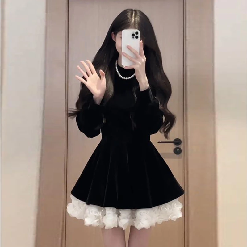 2025新款公主气质时尚连衣裙A字裙短裙显瘦长袖小个子裙子女2976