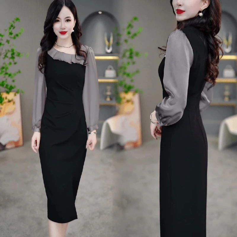 秋季新款气质显瘦时尚设计感拼接减龄收腰显瘦时尚洋气连衣裙2077