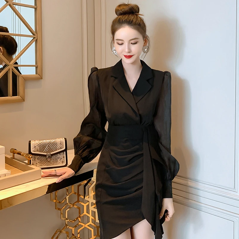 【千艺衣橱】法式收腰西装领包臀短裙通勤长袖身显瘦连衣裙A8115