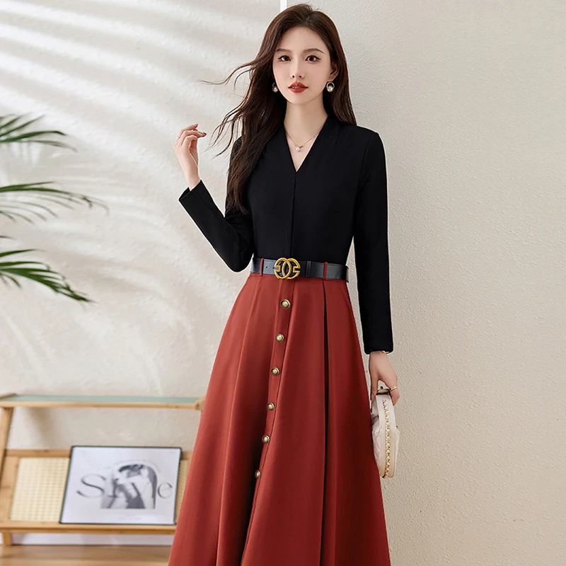 2025新款秋季女装连衣裙收腰褶皱裙子显瘦气质时尚长裙子2086