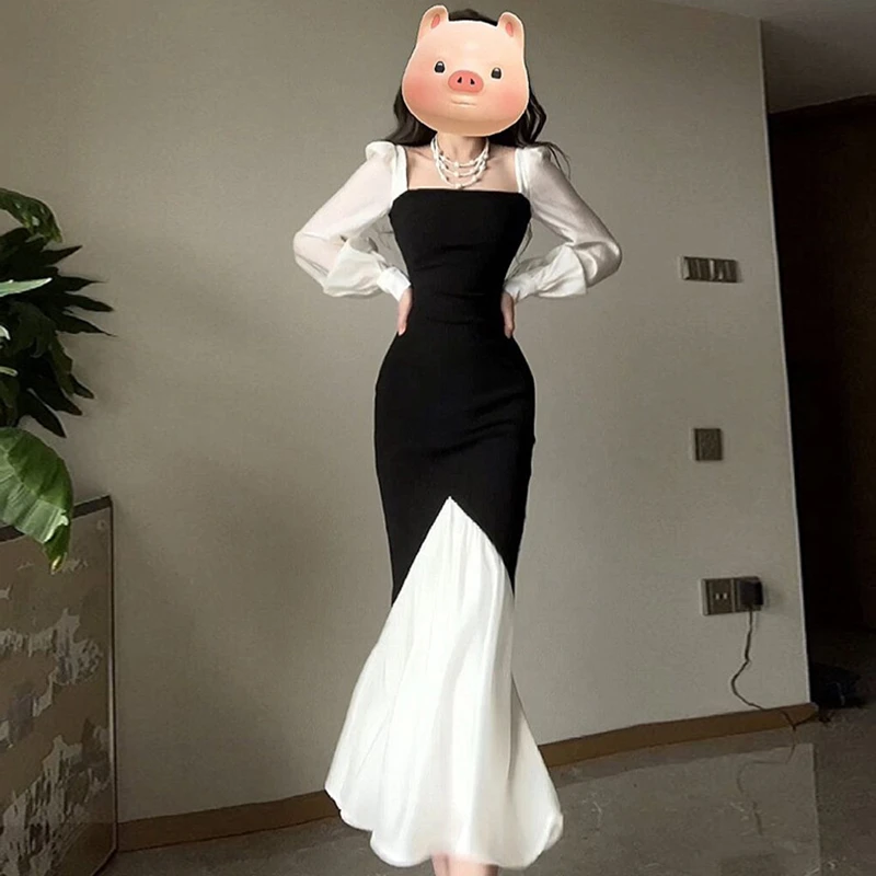 2025新款法式减龄方领拼接连衣裙女装秋装女修身鱼尾显瘦长裙1831
