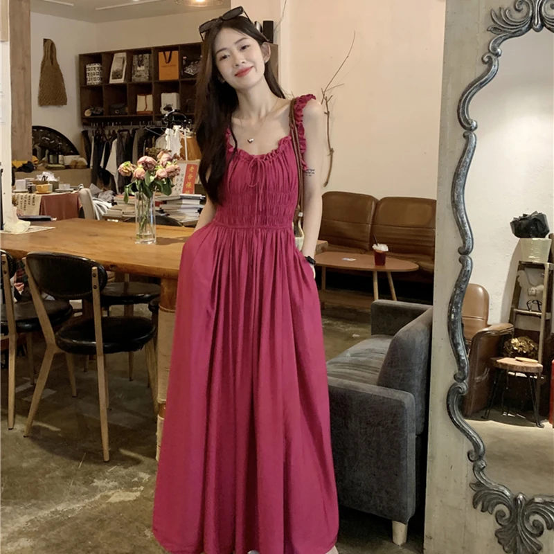 TW法式复古红色V领小众吊带连衣裙抽褶收腰显瘦大摆气质裙子3345