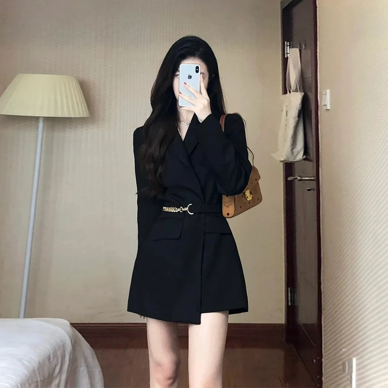 【密】【有内衬】黑色小个子西装外套连衣裙2025春装新款宽松休闲6539