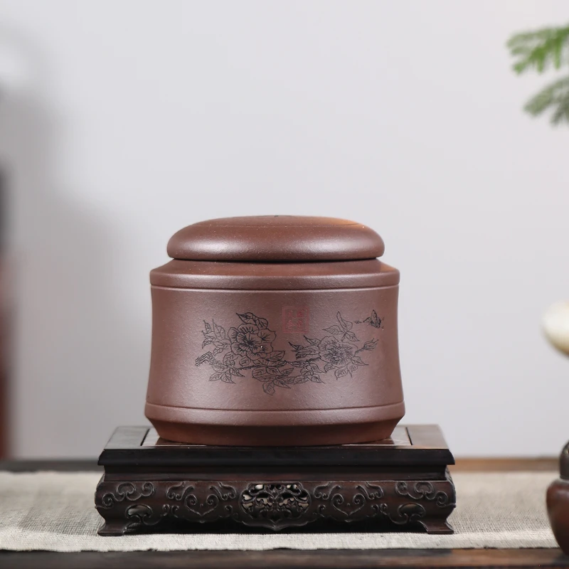 宜兴原矿紫砂茶叶罐一斤普洱醒茶小茶罐密封储茶罐家用刻绘储物罐