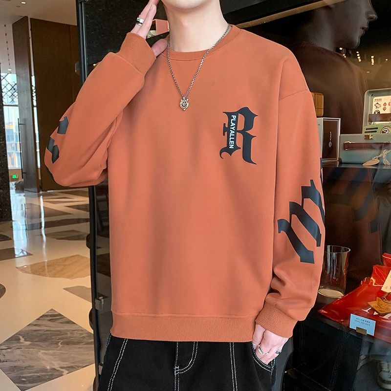 提花长袖t恤男士春秋季潮牌潮流上衣服秋天百搭男装圆领白色卫衣
