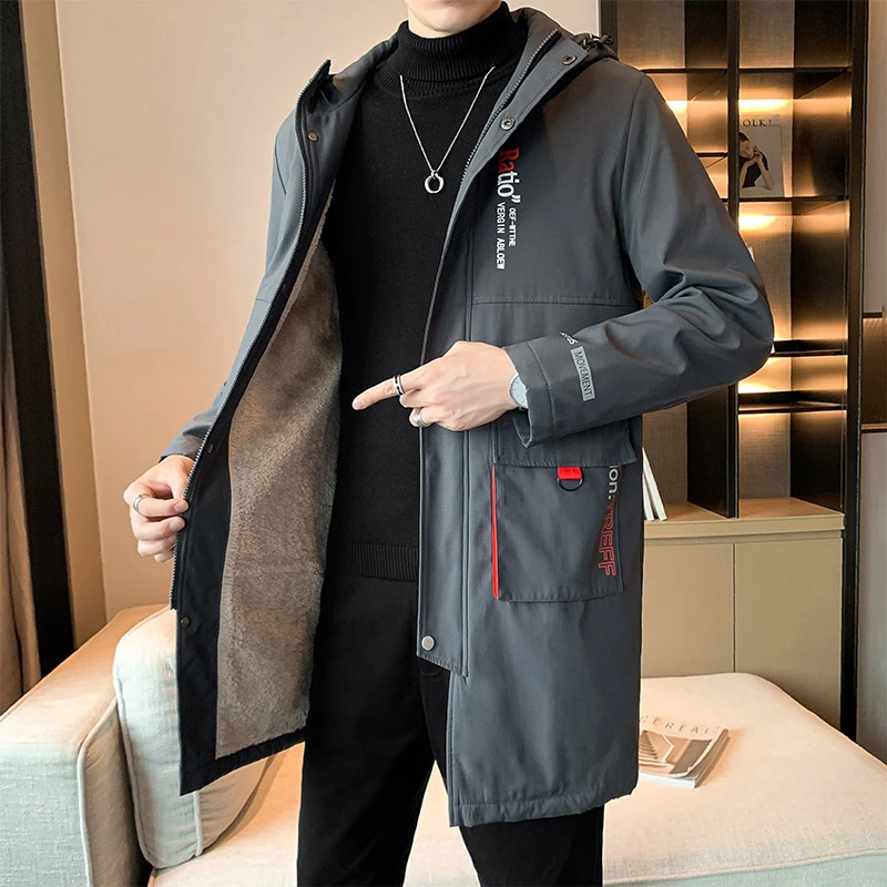 男士秋冬加绒加厚连帽中长款工装夹克男胖子男装休闲外套大码风衣