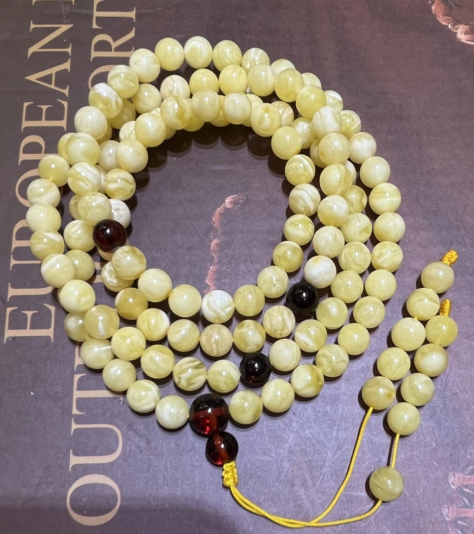 琥珀白花蜜蜡圆珠108佛珠链，8-9m，36.9g