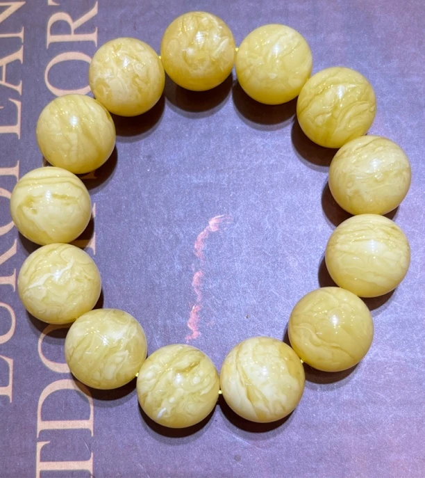 琥珀白花蜡虎皮纹圆珠手串，36.66g
