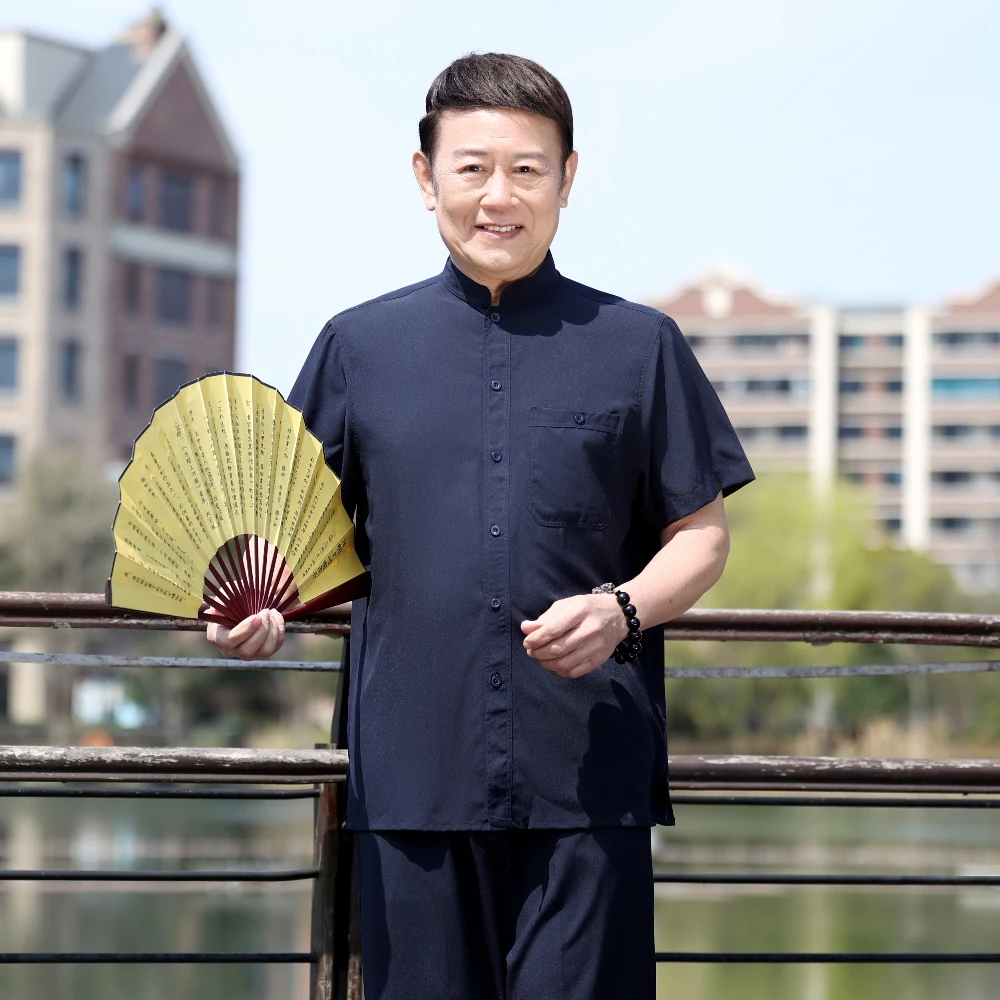 男士冰丝短袖衬衫中老年爸爸夏季薄款透气套装爷爷宽松大码中国风