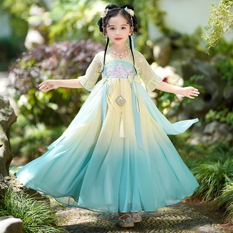 青-SL2780女童汉服连衣裙夏季新款儿童唐装中国风公主裙古风裙子