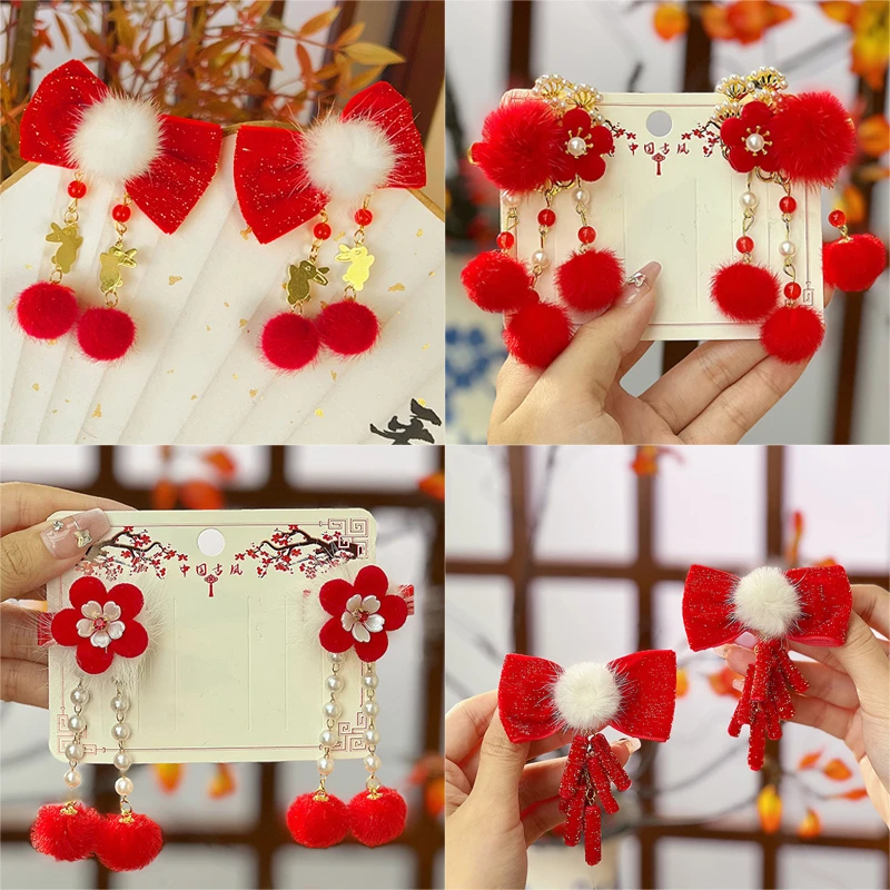 P160古风头饰新年款儿童汉服配饰珍珠花朵发夹女孩流苏步摇发卡