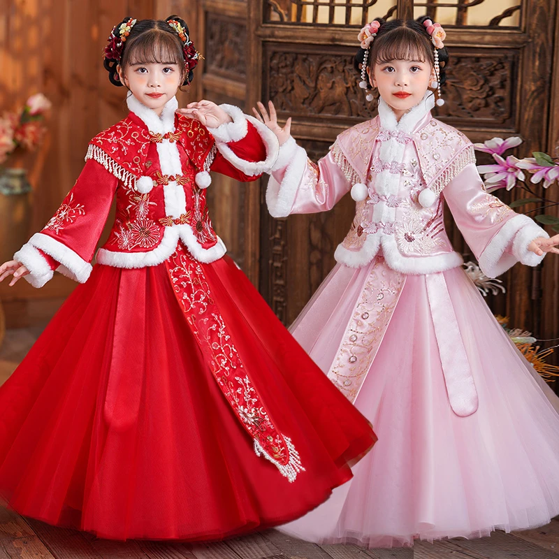SL2592#女童汉服冬装新款秋冬公主裙儿童裙子加绒洋气套装拜年服