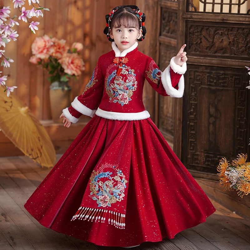 A551#拜年服女童汉服冬装儿童古装加厚唐装小女孩新年装过年衣服