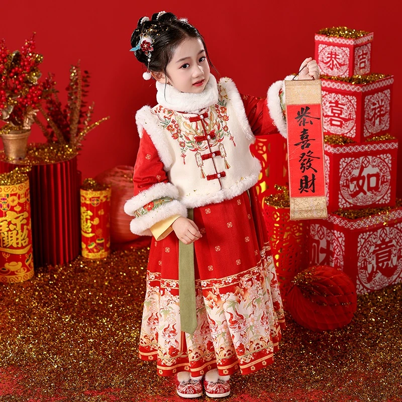 SL3295拜年服女童马面裙套装冬季女宝新款中国风古装儿童汉服冬款