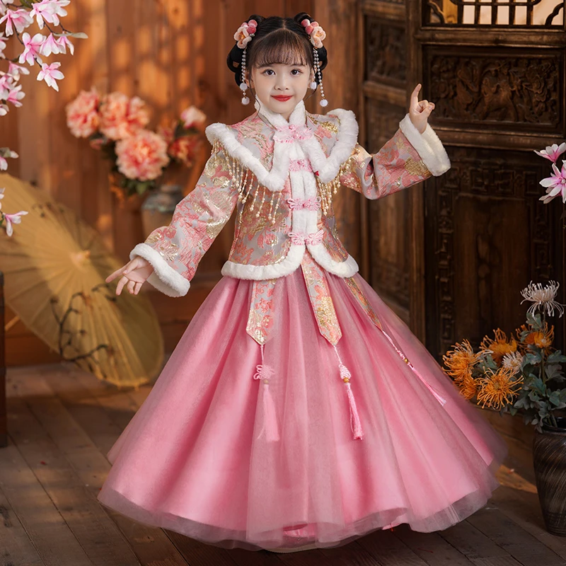 8907#汉服女童唐装拜年服超仙中国风童装古装秋冬女孩加绒连衣裙