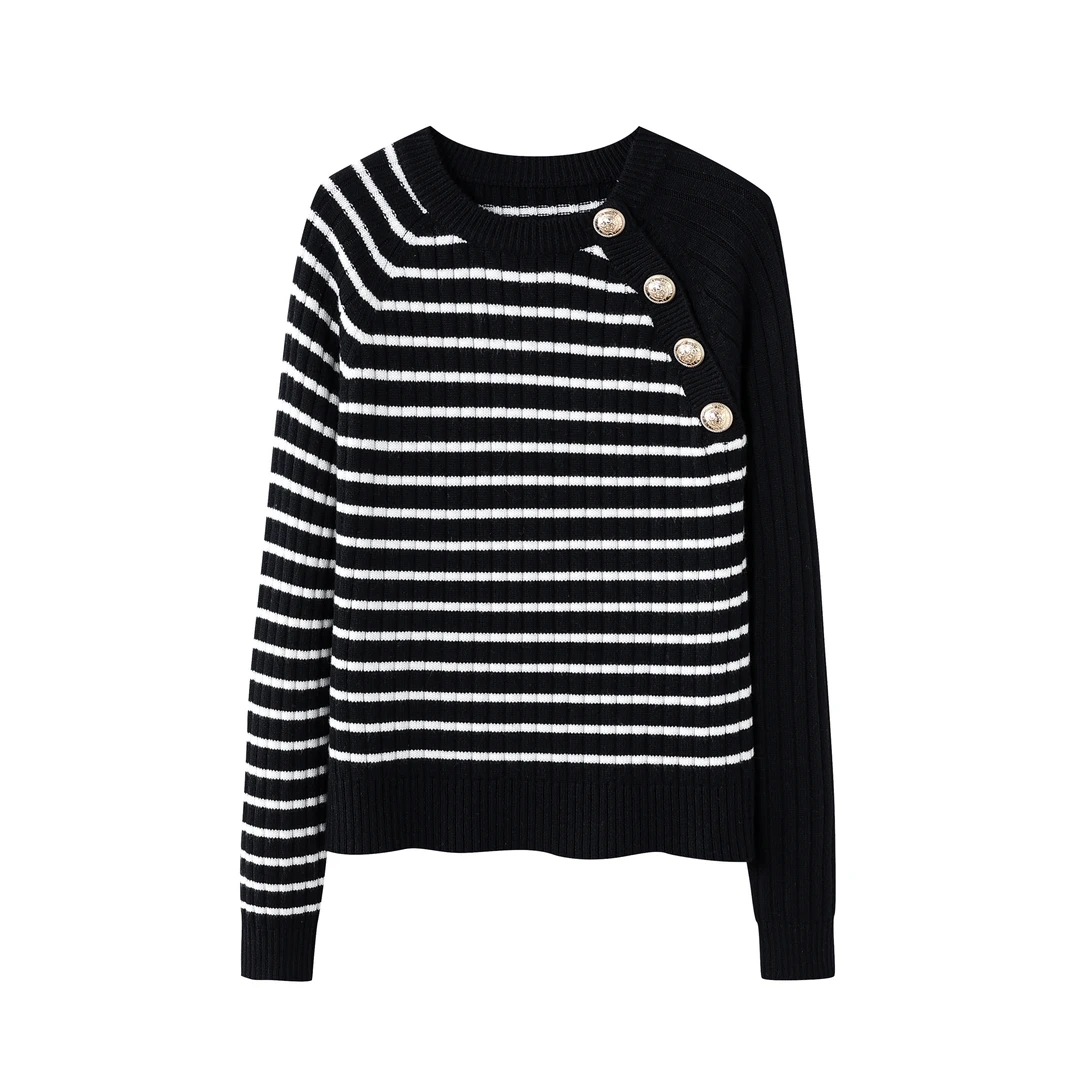 【MAODOU】2353时尚百搭经典黑白条纹显瘦修身高级女装毛衣