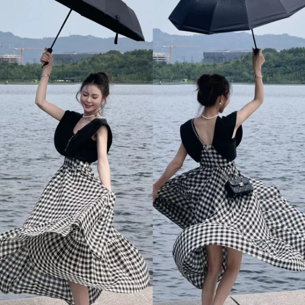 依美丁2QZ51【浪漫定格】时尚大翻领格子连衣裙