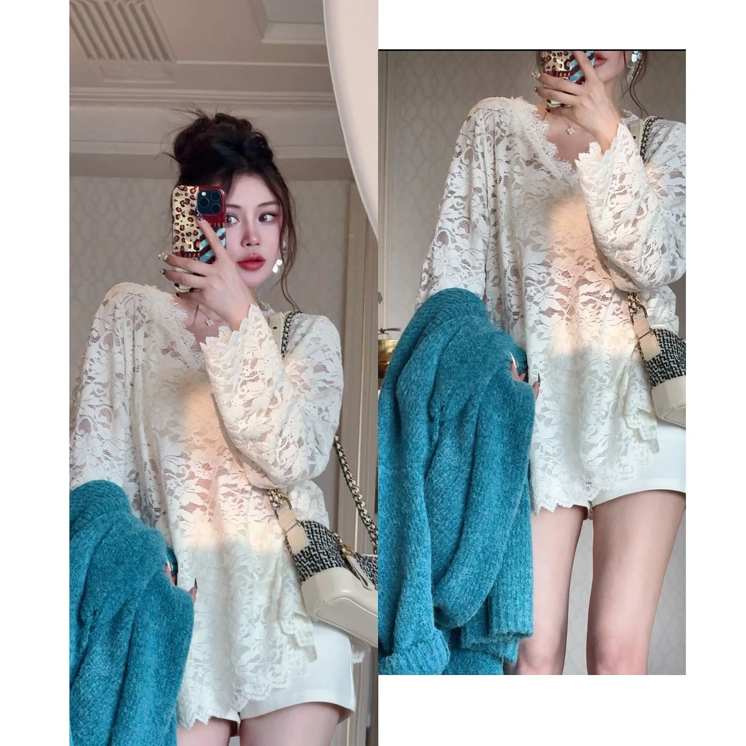 SY21依美丁时尚气质植绒蕾丝刺绣V领花边开叉百搭上衣