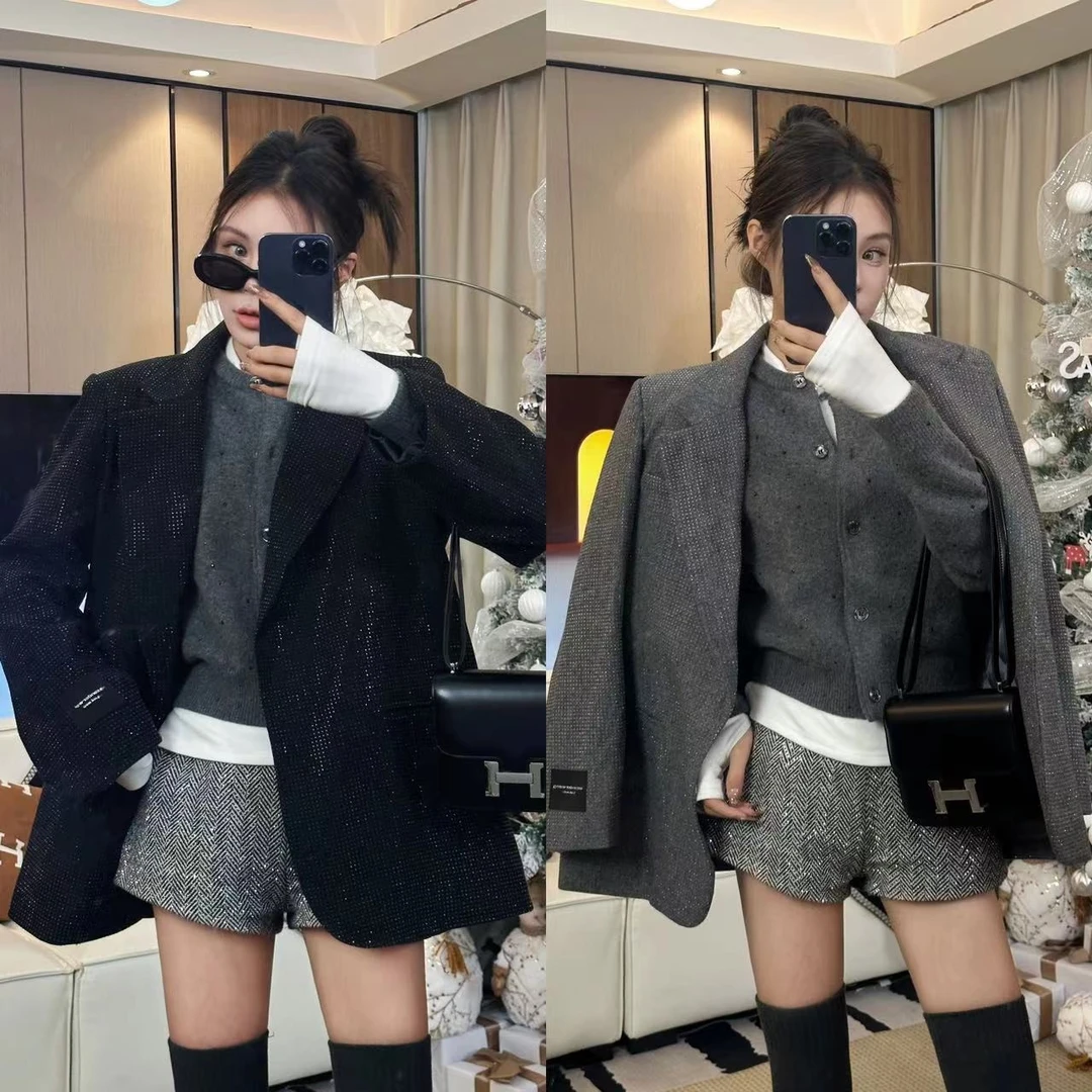 2WT47依美丁时尚满天星烫钻夹棉西服外套秋冬气质设计师轻奢潮流