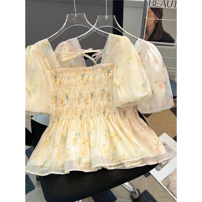 法式甜美气质碎花泡泡袖衬衫-K307