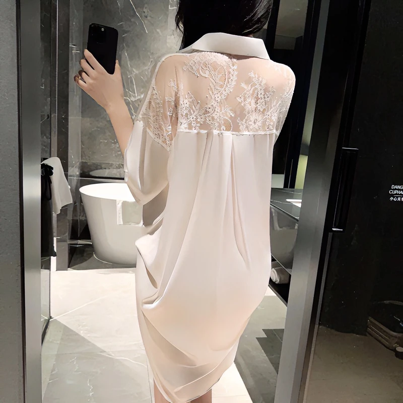 缎面白衬衫女款外穿夏季薄款爆款2025新款大码白色短袖冰丝睡衣女