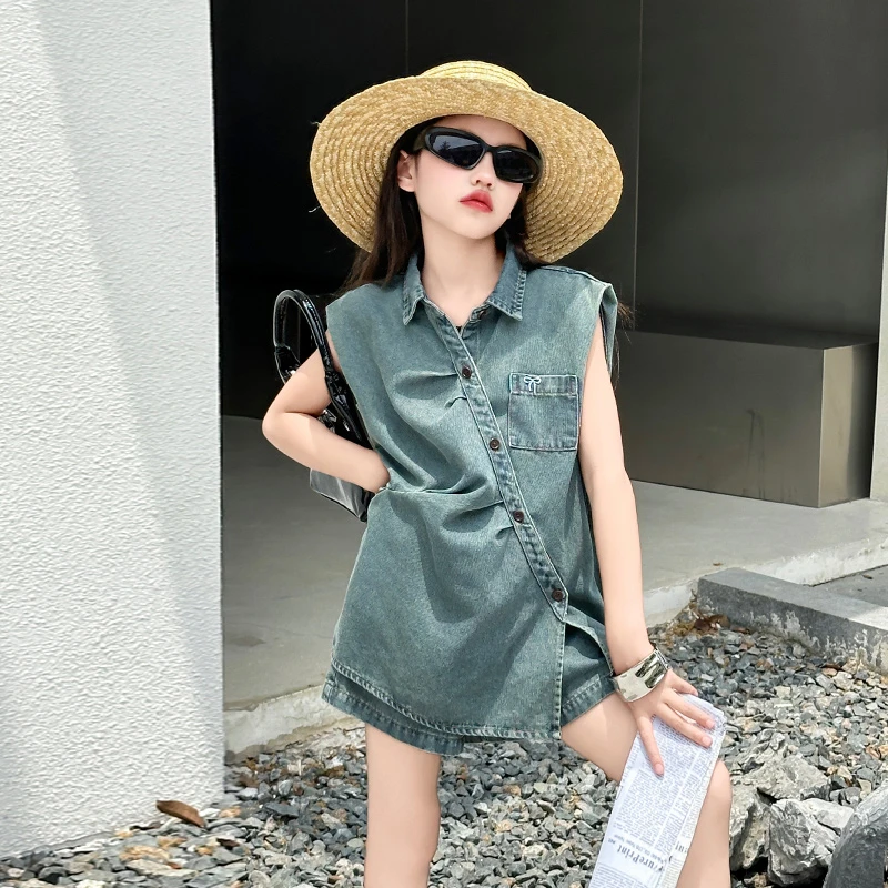 女童牛仔套装薄款夏装2024新款洋气中大童时髦儿童夏季女孩两件套