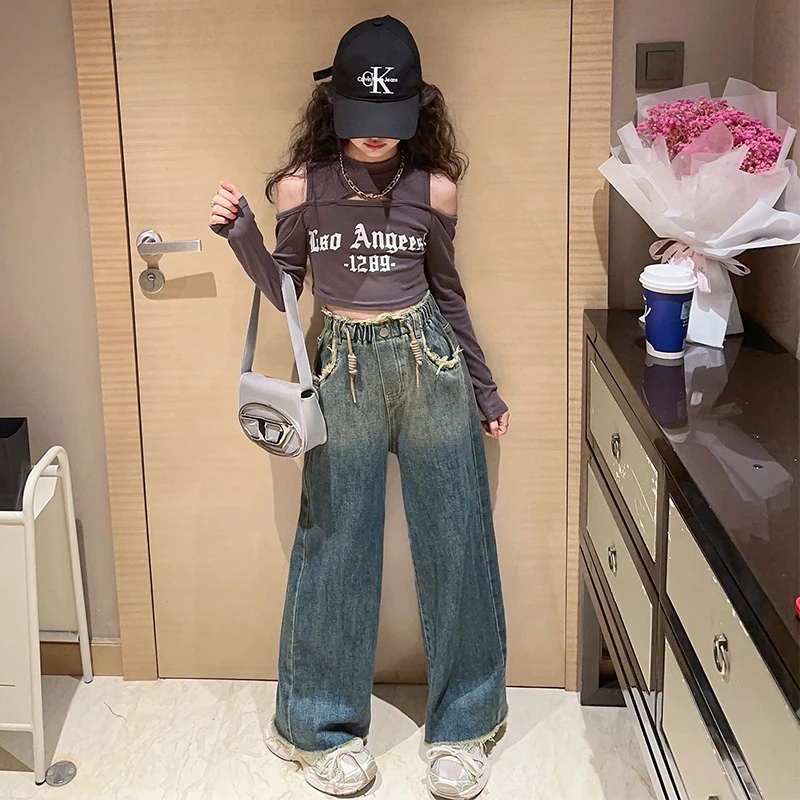 【酷Gril】女童露肩休闲设计感打底衫2024新款韩版时髦阔腿牛仔裤潮