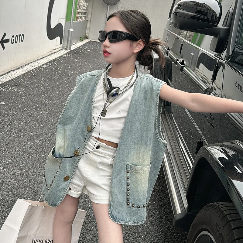 女童重工铆钉马甲三件套2024新款洋气时髦中大童小女孩夏装套装潮